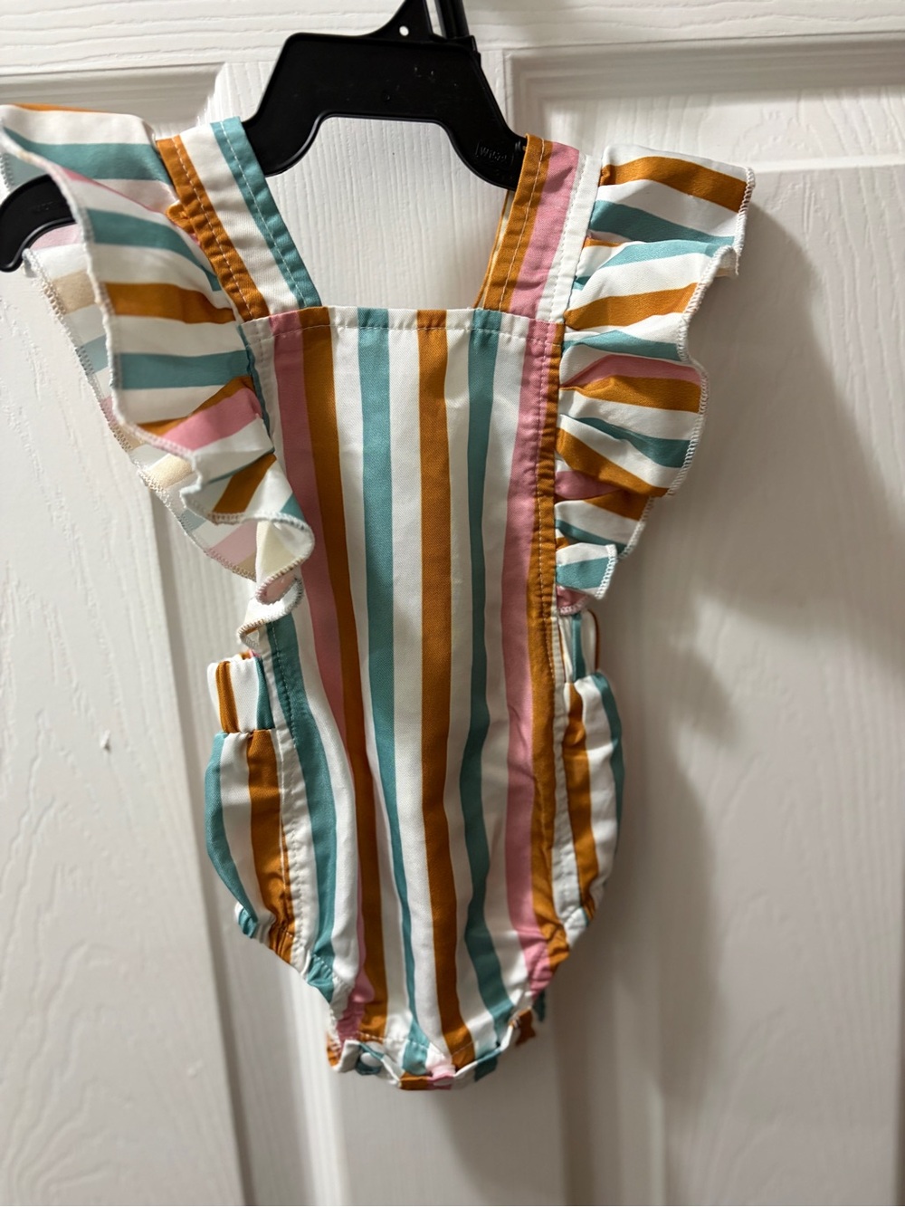 SHEIN White Striped One-Piece with Teal, Mustard & Pink Ruffles